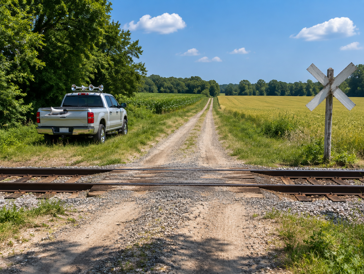 A pickup truck with a chrome air horn and a megaphone on its tailgate, parked by a farm railroad crossing in summer.