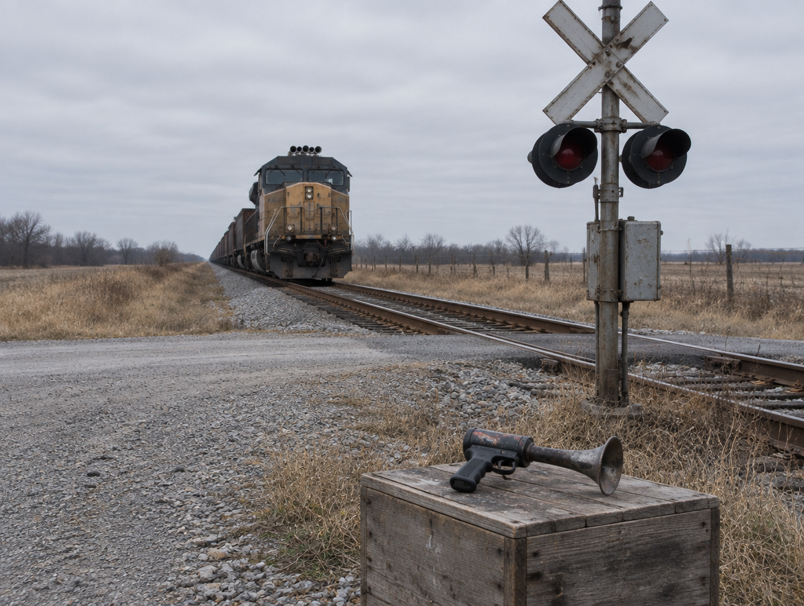 Handheld air-horn gun on a crate at a level crossing, with a freight locomotive stopped on the track behind it.