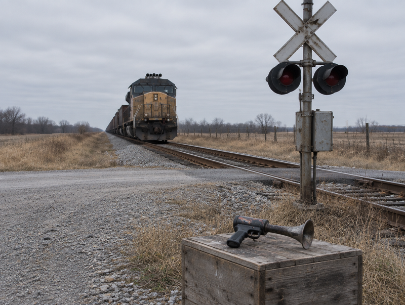 Handheld air-horn gun on a crate at a level crossing, with a freight locomotive stopped on the track behind it.