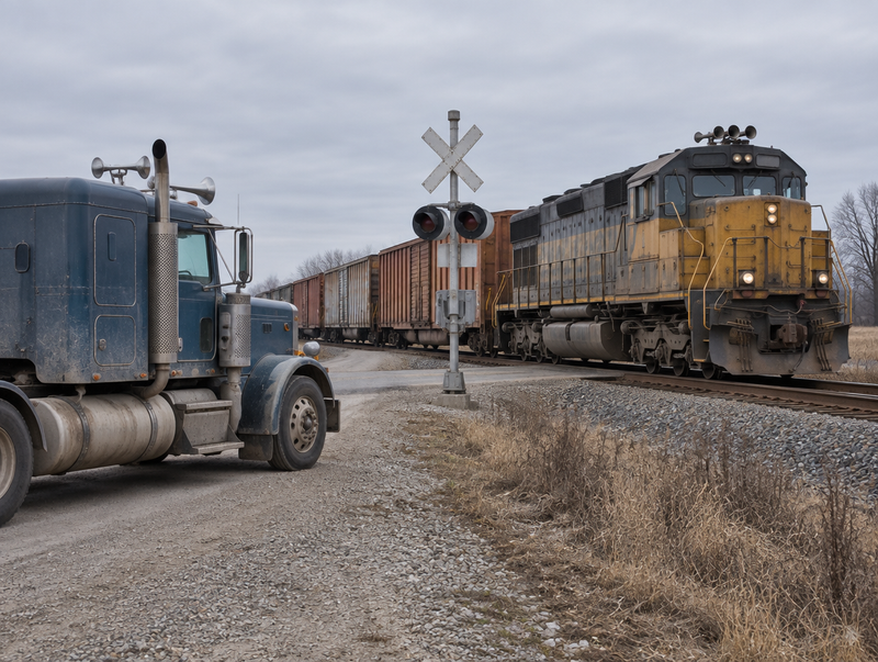 A semi-truck waits at a rural level crossing while a freight locomotive pulls boxcars over the tracks.