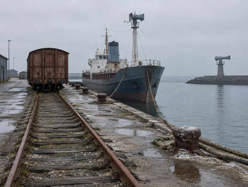 A freight boxcar on a dockside rail siding next to a moored cargo ship with a foghorn on a grey overcast day.