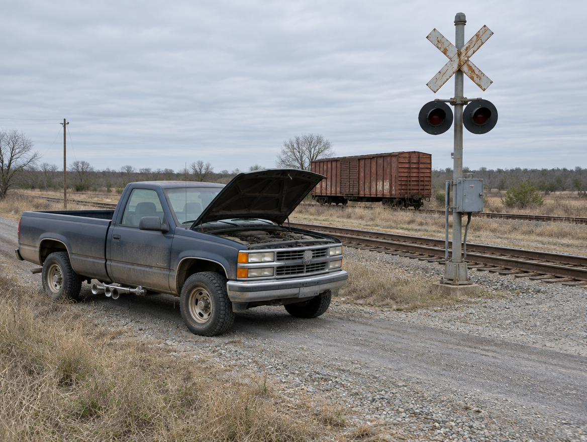 Dusty pickup truck with a chrome air horn parked at a rural level crossing, with a freight boxcar behind it
