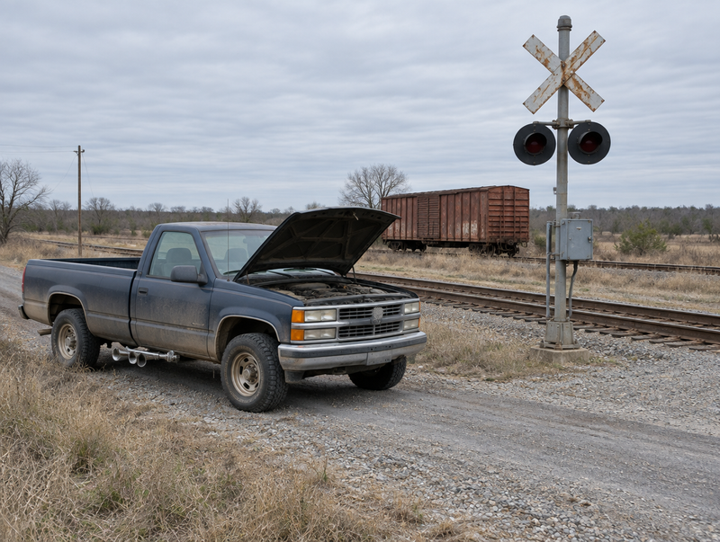 Dusty pickup truck with a chrome air horn parked at a rural level crossing, with a freight boxcar behind it