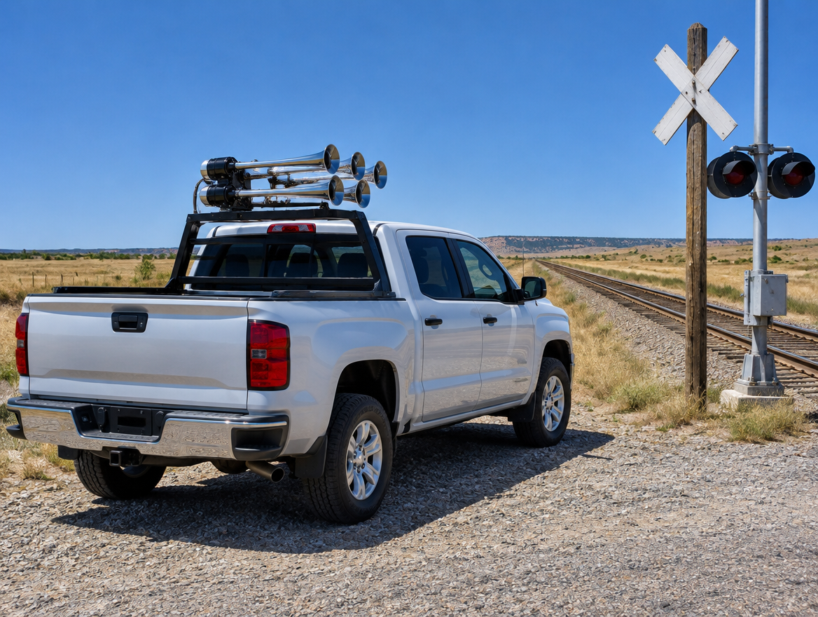 Pickup truck with chrome train horn trumpets in its bed, parked beside a sunny rural railroad crossing with a crossbuck.