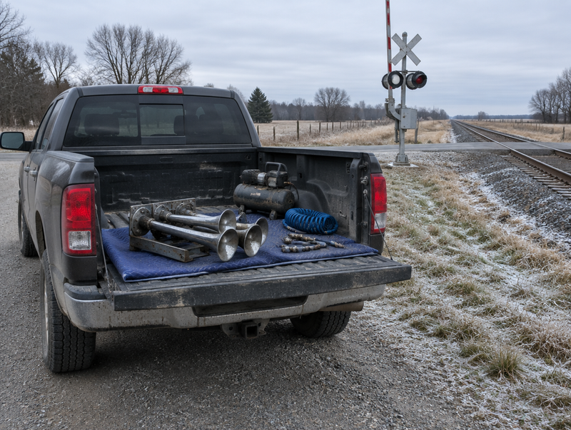 Train horn trumpets and a compressor in an open pickup tailgate parked beside a rural railroad crossing.