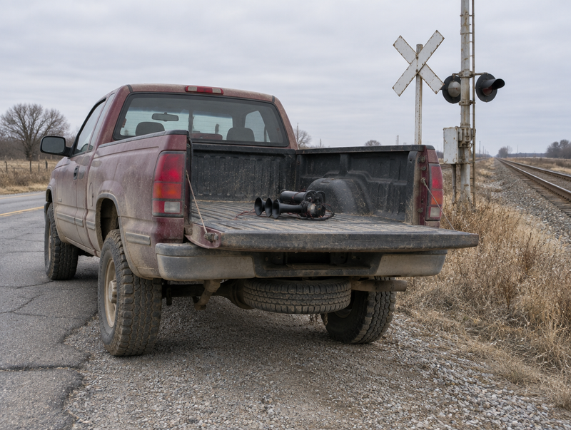 Dusty pickup truck parked beside a rural level crossing, its spare tire still hanging under the bed