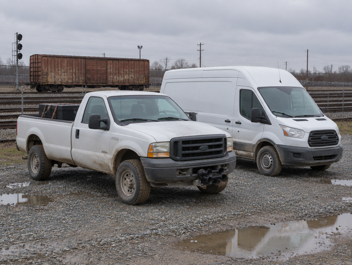 A work pickup and delivery van parked on gravel beside rail yard tracks and a rust-brown freight boxcar.