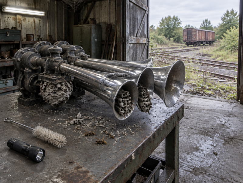 Dusty chrome train horn on a shed workbench with mud dauber nests in its trumpets, rail yard visible through the door.