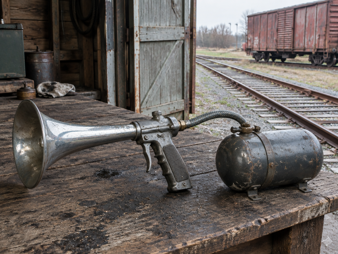 A handheld train horn gun and small air tank on a dusty workbench in a railway shed, with a boxcar on the track outside