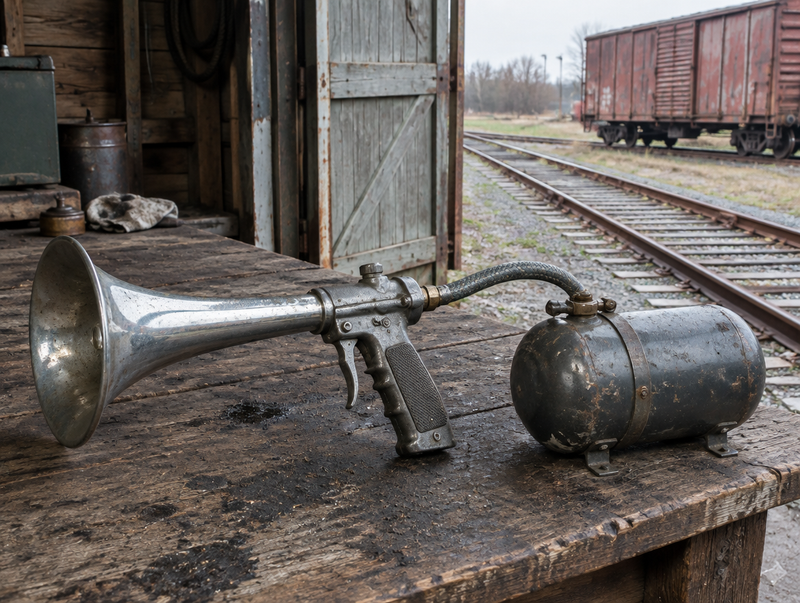A handheld train horn gun and small air tank on a dusty workbench in a railway shed, with a boxcar on the track outside
