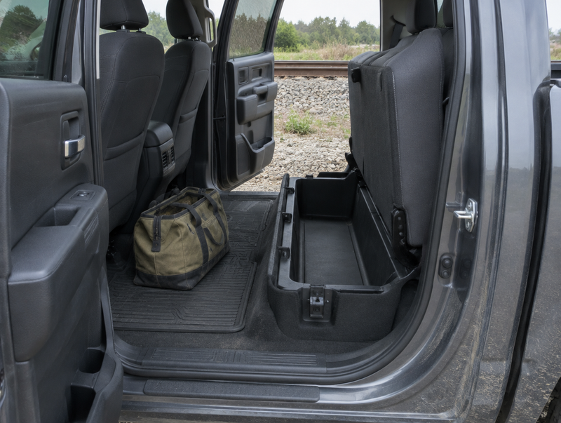 The open rear door of a pickup crew cab beside a railway line, showing under-seat storage and a tool bag