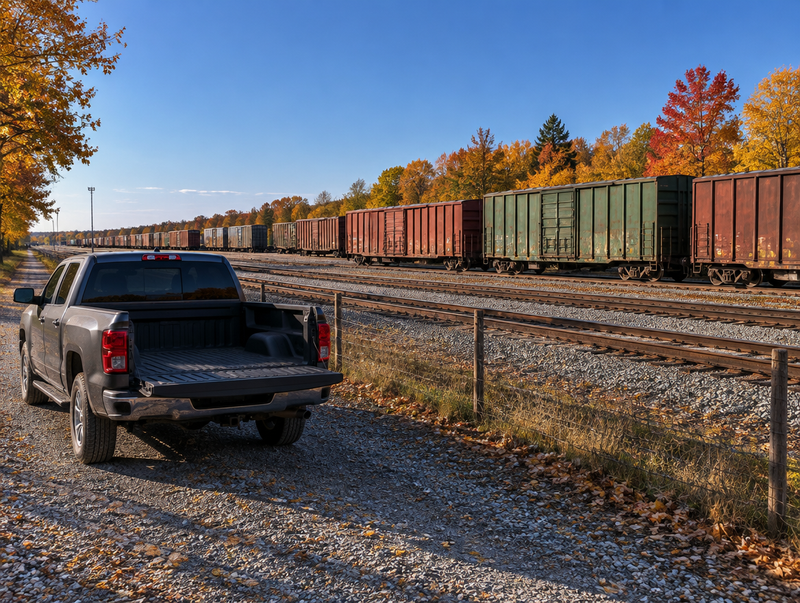 A pickup truck parked on a gravel lane beside a freight yard with parallel tracks, boxcars and autumn trees.