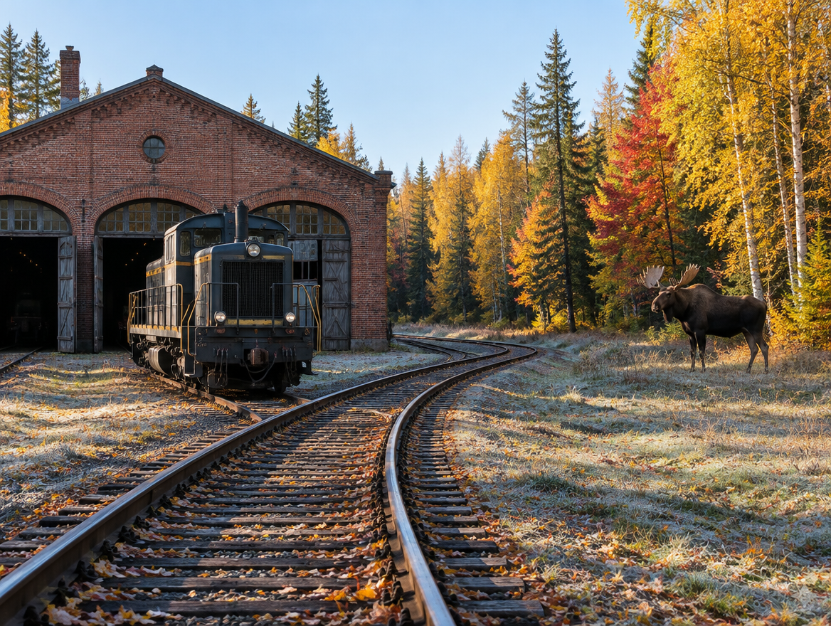 A bull moose stands near the tracks outside an old brick engine shed, with a locomotive and autumn trees behind.