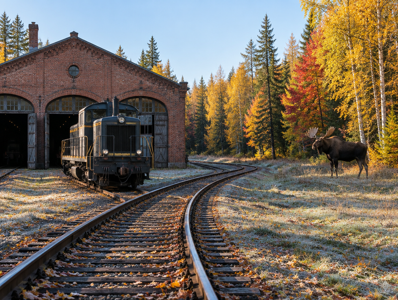 A bull moose stands near the tracks outside an old brick engine shed, with a locomotive and autumn trees behind.