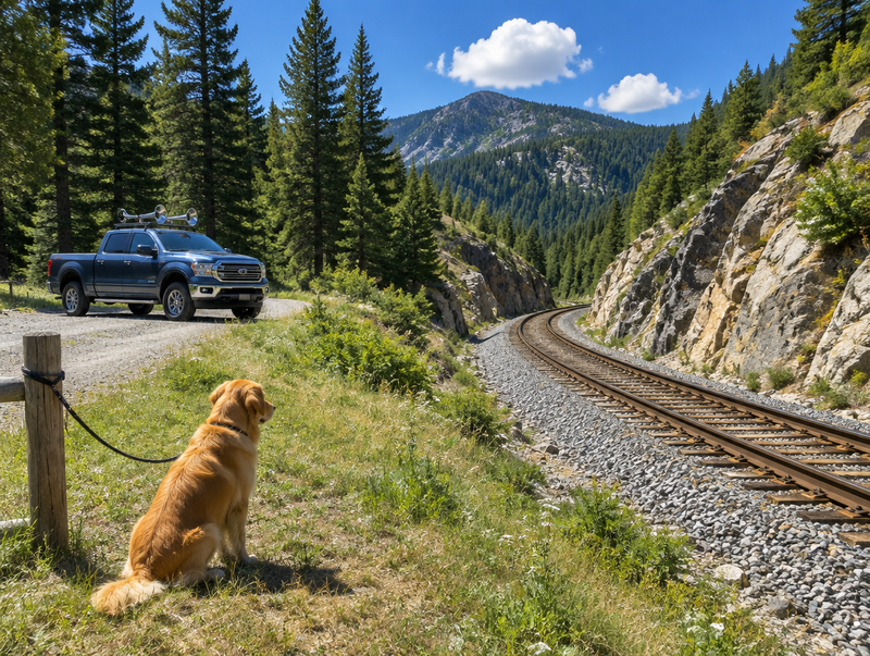 A calm dog sits on a grassy verge near a mountain rail line in a rocky cutting, with a pickup truck with roof horns behind.