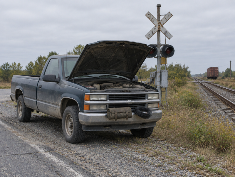 A dusty pickup with its hood open, parked beside a level crossing with a crossbuck, signal mast and rails.
