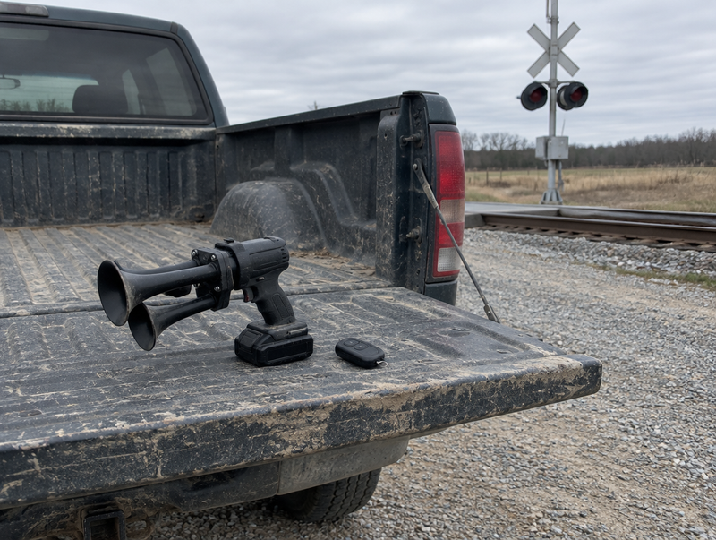 A battery train horn and a small wireless remote on a dusty pickup tailgate beside a rural level crossing.