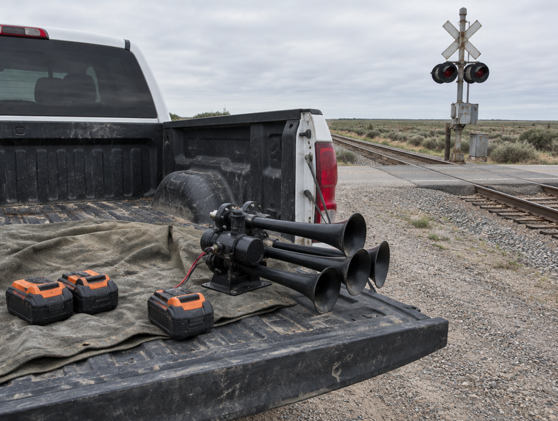 A train horn and orange-and-black tool batteries sit on a pickup tailgate beside a rural level crossing.