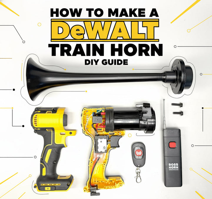 Parts of a DIY battery train horn build laid out on a bench