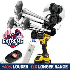 DeWalt Train Horn 20vExtreme Series in chrome color. Loudest chrome train horn