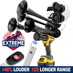 DeWalt Train Horn 20v - Extreme Series - black trumpets on white background