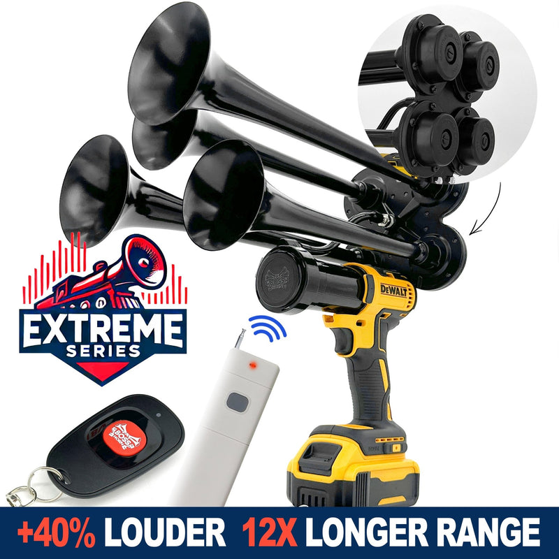 DeWalt Train Horn 20v - Extreme Series - black trumpets on white background