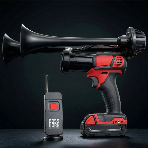 Black and red portable horn with remote control on a dark background