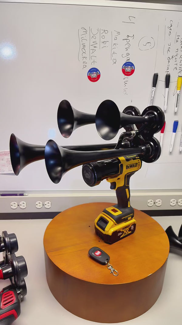 Dewalt Quad Train Horn video demonstration of features and sound. Black train horn shown along with red and chrome trumpets